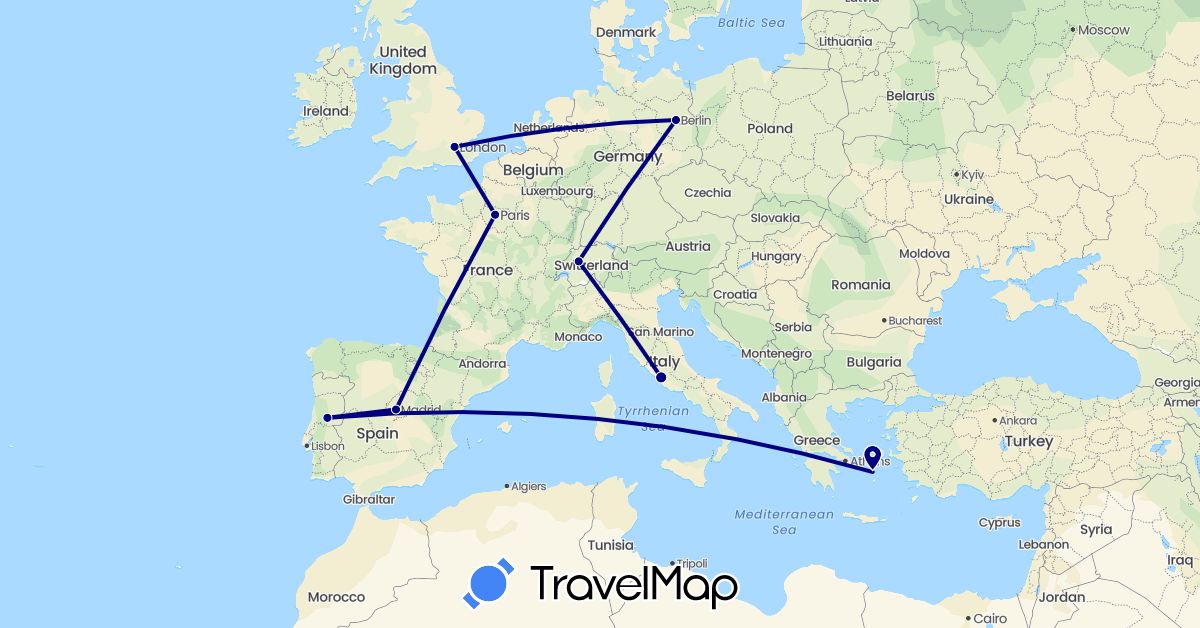 TravelMap itinerary: driving in Switzerland, Germany, Spain, France, United Kingdom, Greece, Italy, Portugal (Europe)